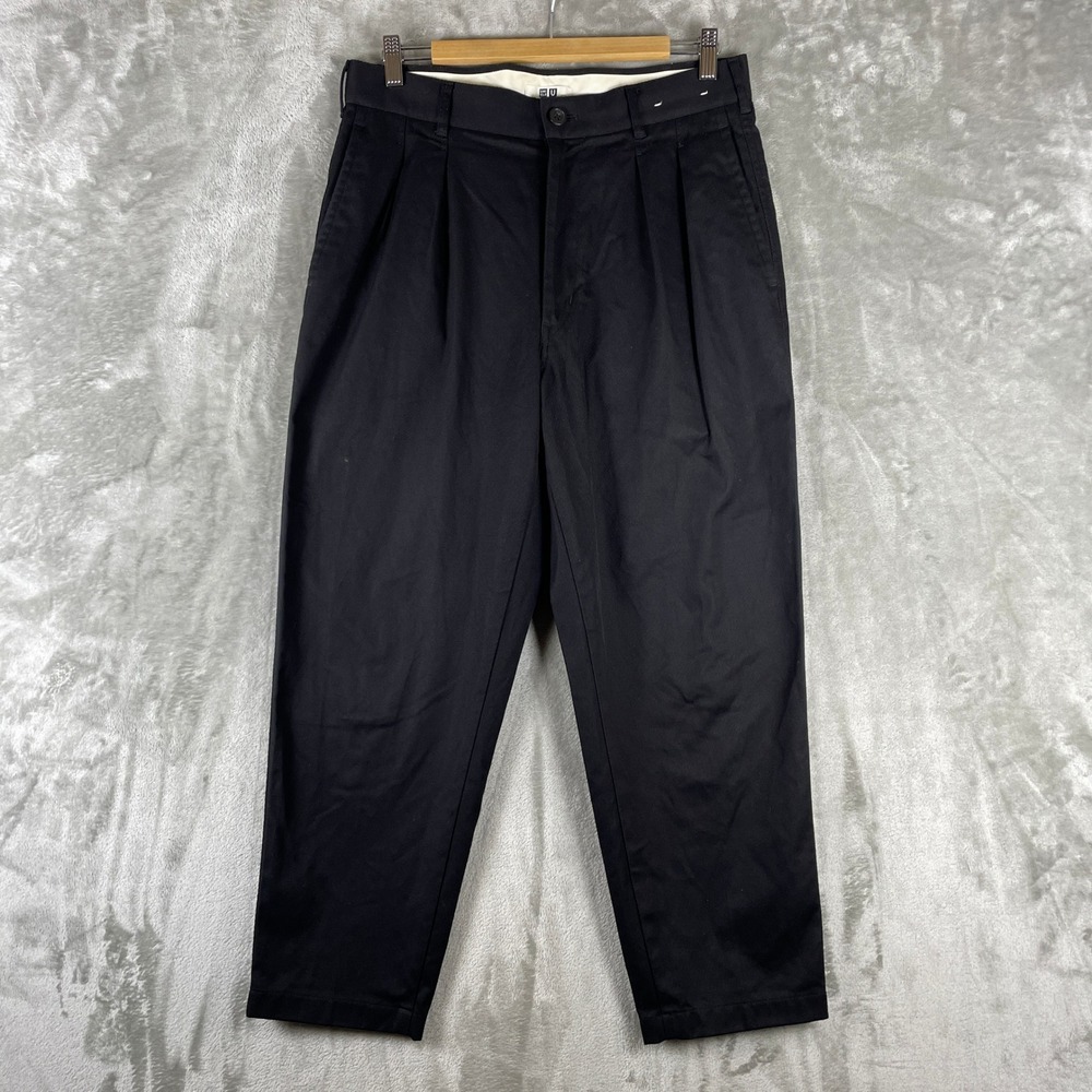 Uniqlo Pants Men 32x27 Black Double Pleated Chino Twill Cotton Trousers
